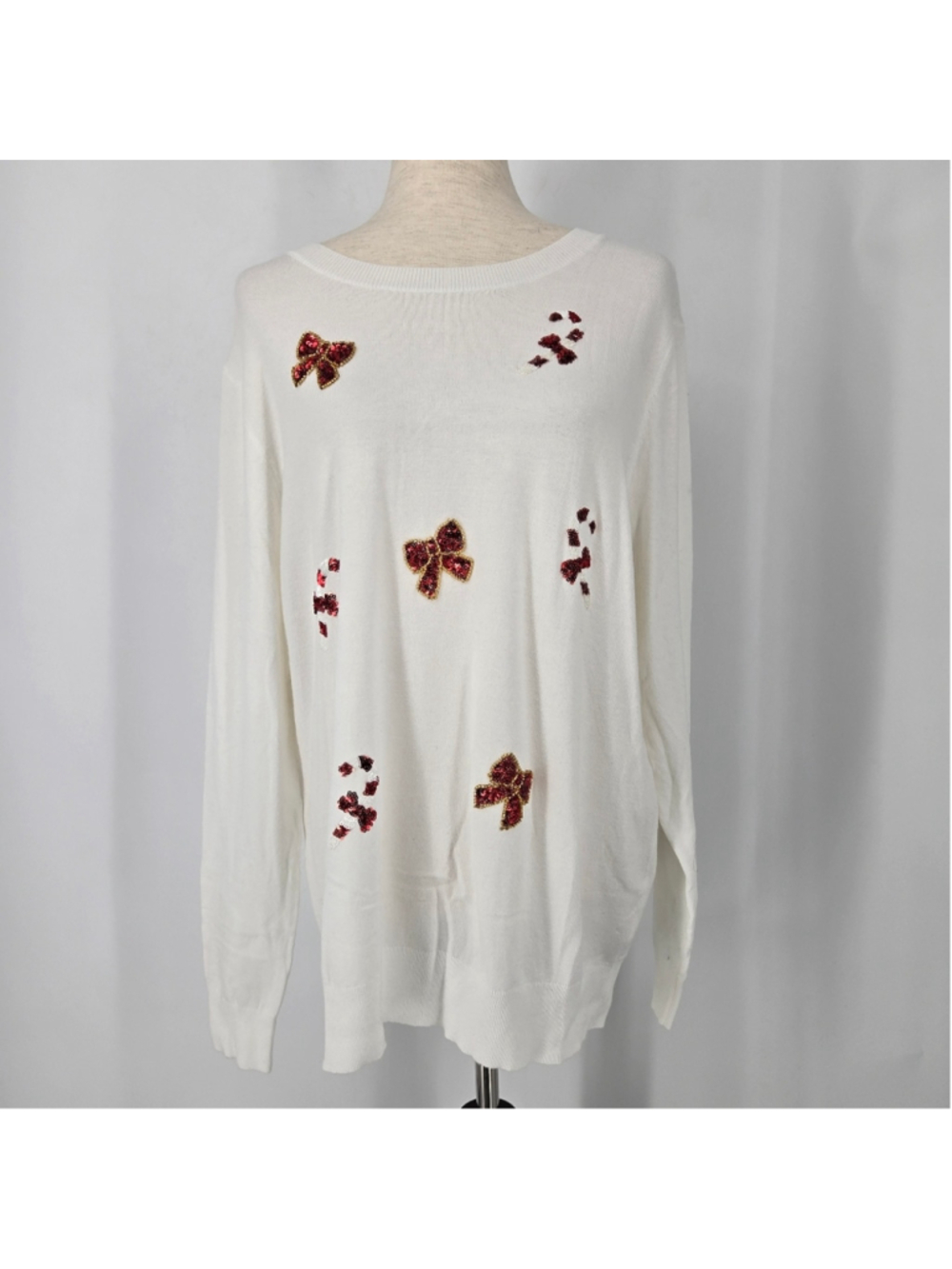 Victoria Harbour Ivory Holiday Sweater Candy Cane & Bow Sequin Detail Large NWT